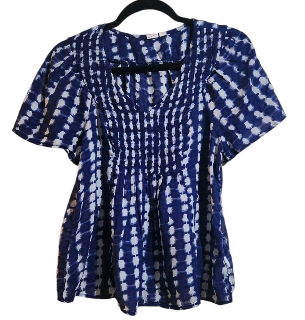 Smocked Navy Blue & White Flowy Top S Gap Lightweight Cotton Blouse Beachy Coast